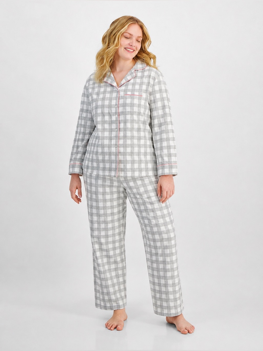 Charter Club Women Tonal Plaid Cotton Flannel Pajama Set Pink Piping L NWT
